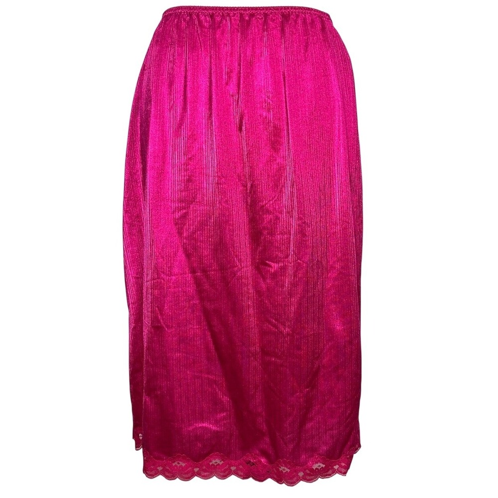 JCPenney Vintage 90s Pink Plissé Skirt Medium Lace Trim Midi Barbiecore Y2K